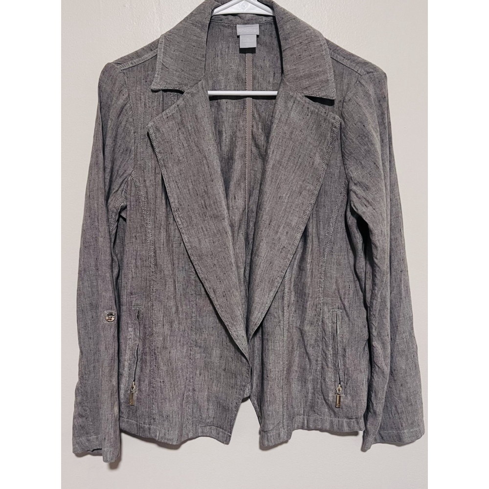 Chicos Linen Blend Blazer Women’s Small 0 Gray Stretch Gold Zipper Pockets